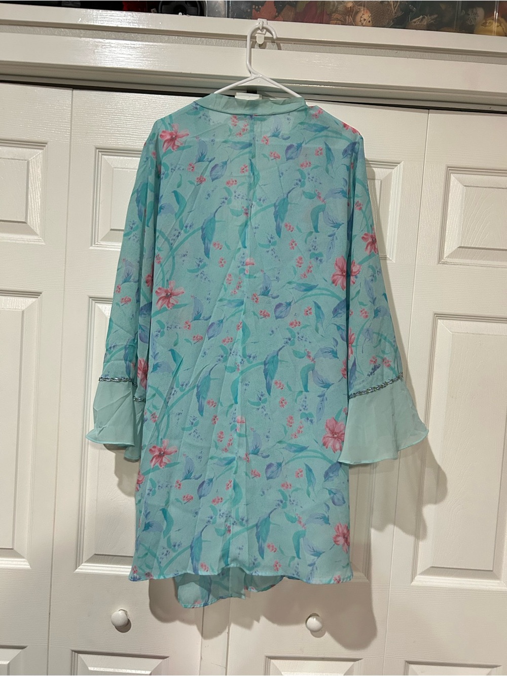 Y2K Vintage Cacique Sheer Floral Tie-Front Kimono Robe - Aqua Floral - Picture 3 of 10